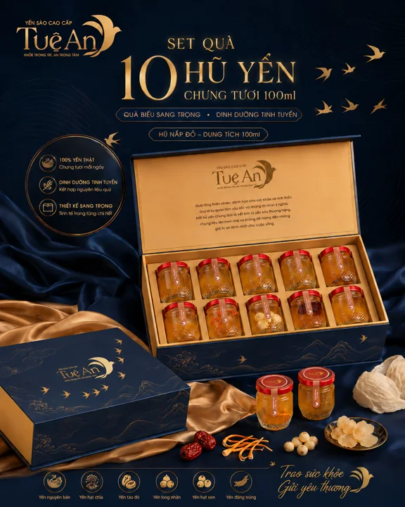 Set quà yến chưng tươi 100ml 10 hũ Tuệ An