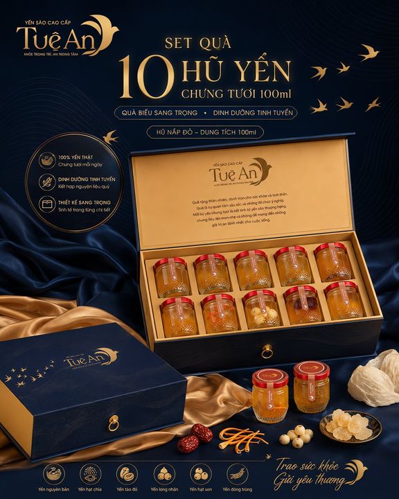 Set quà yến chưng tươi 100ml 10 hũ Tuệ An